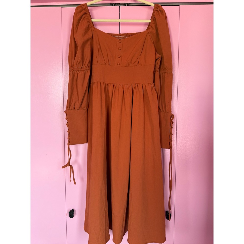 Shein Mod Rust Orange Puff Sleeve Lace Up Cuff Smocked Midi Dress Large NWT